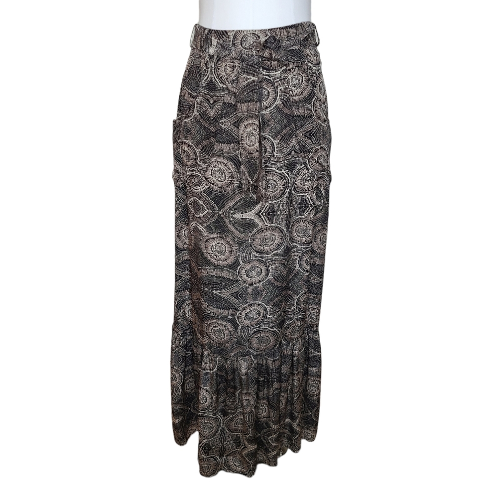 Anthro Lil Silk Black Tan Paisley Block Print Mermaid Ruffle Maxi Skirt 0